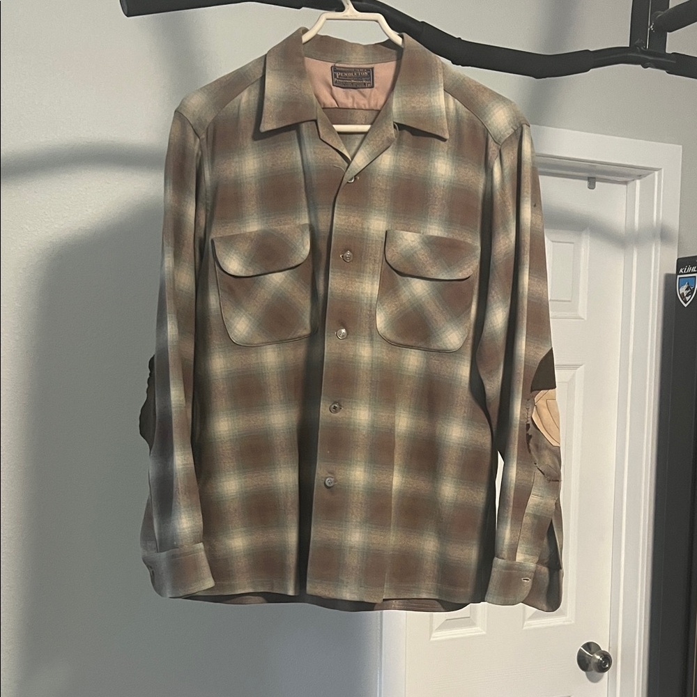 Vintage Pendleton Brown and Tan Plaid Shirt with Elbow Patches
